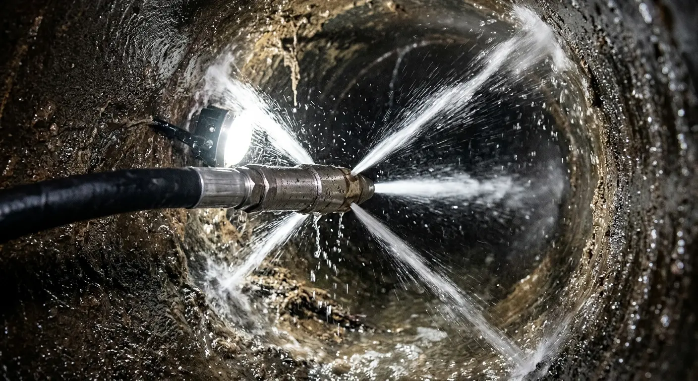 High-pressure hydro jetting nozzle cleaning sewer pipe for Sewer Cleanout in West Perrine