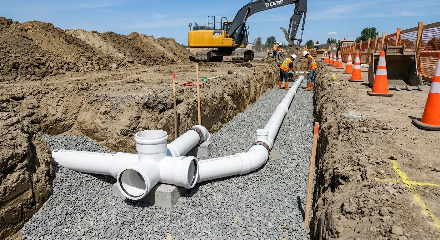 New PVC sewer pipe installation in open trench for Sewer Backup in West Perrine