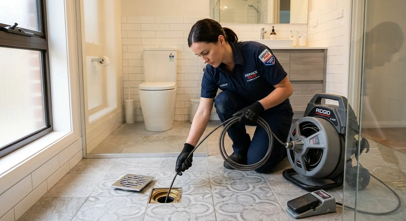 Technician clearing a bathroom floor drain for Drain Cleaning in West Perrine